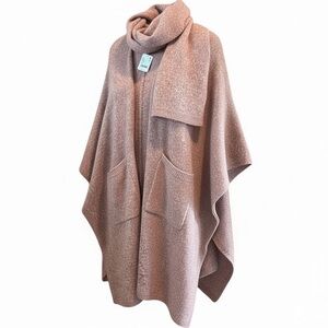 Free People “Ellie” Pink Rust Sweater Poncho Wrap Cape Cozy W/ Pockets One Size